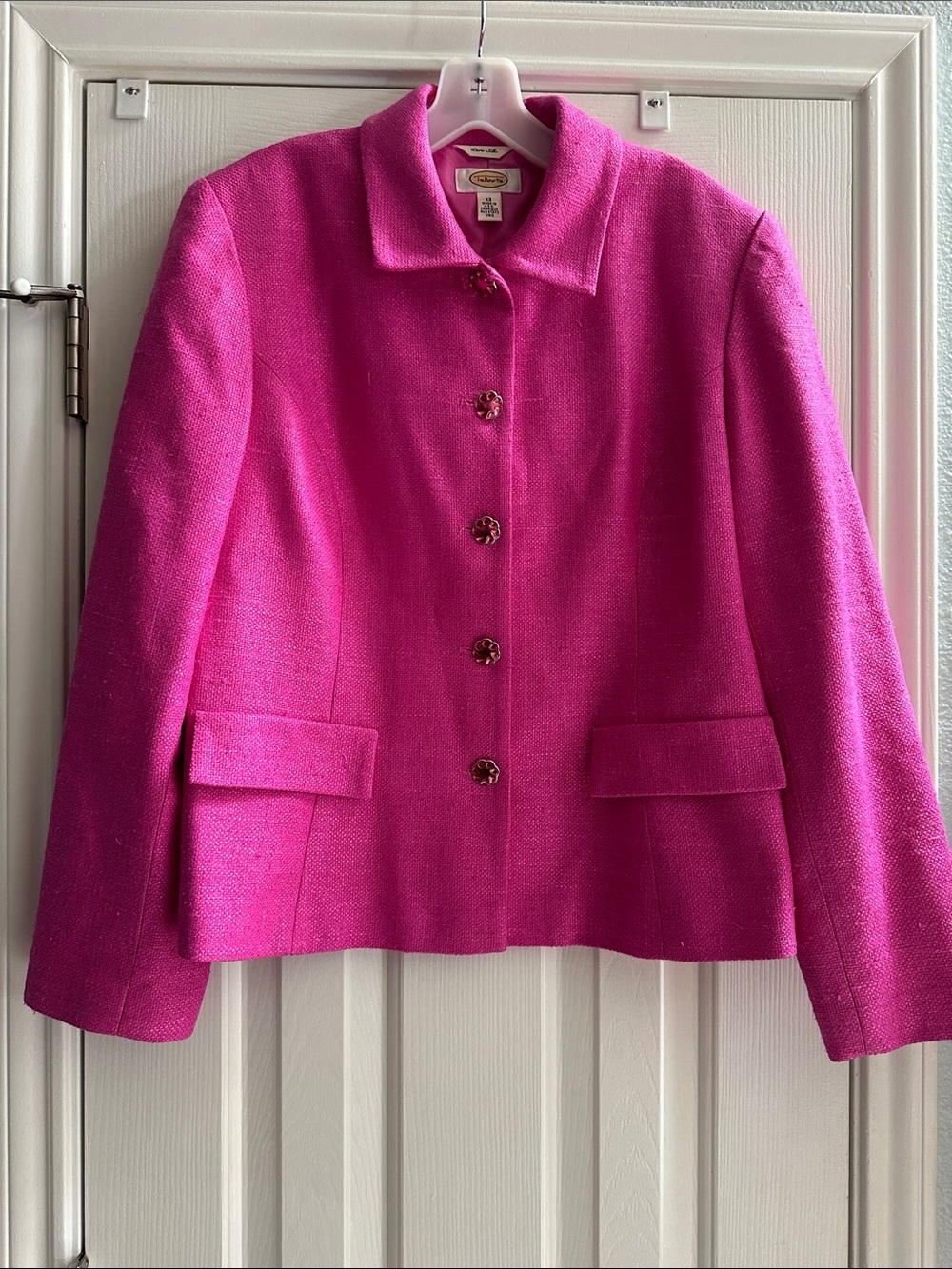 Talbots Vintage Pink Fuchsia Button-Front Tweed Silk Blazer Size 12 Preppy USA